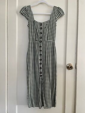 Green and White Gingham Button-Front Midi Dress